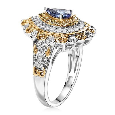 D'Joy Premium Tanzanite and Multi Gemstone 1.40 ctw Victorian Filigree Mirror Ring in 18K Vermeil YG and Rhodium Over Sterling Silver (Size 5.0)