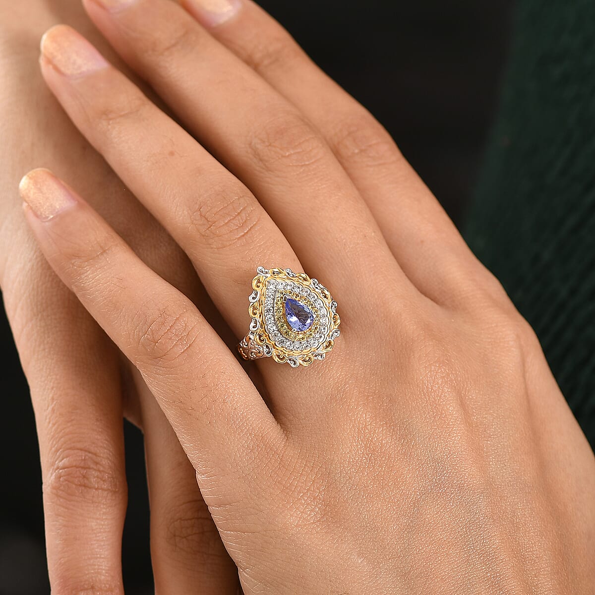 D'Joy Premium Tanzanite and Multi Gemstone 1.40 ctw Victorian Filigree Mirror Ring in 18K Vermeil YG and Rhodium Over Sterling Silver (Size 7.0) image number 2