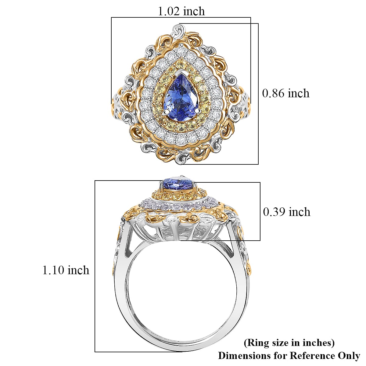 D'Joy Premium Tanzanite and Multi Gemstone 1.40 ctw Victorian Filigree Mirror Ring in 18K Vermeil YG and Rhodium Over Sterling Silver (Size 7.0) image number 5
