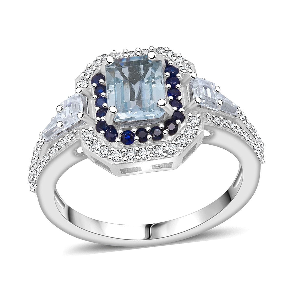 Doorbuster D'Joy Mangoro Aquamarine and Multi Gemstone 1.70 ctw Royal Heirloom Ring in Rhodium Over Sterling Silver (Size 6.0) image number 0