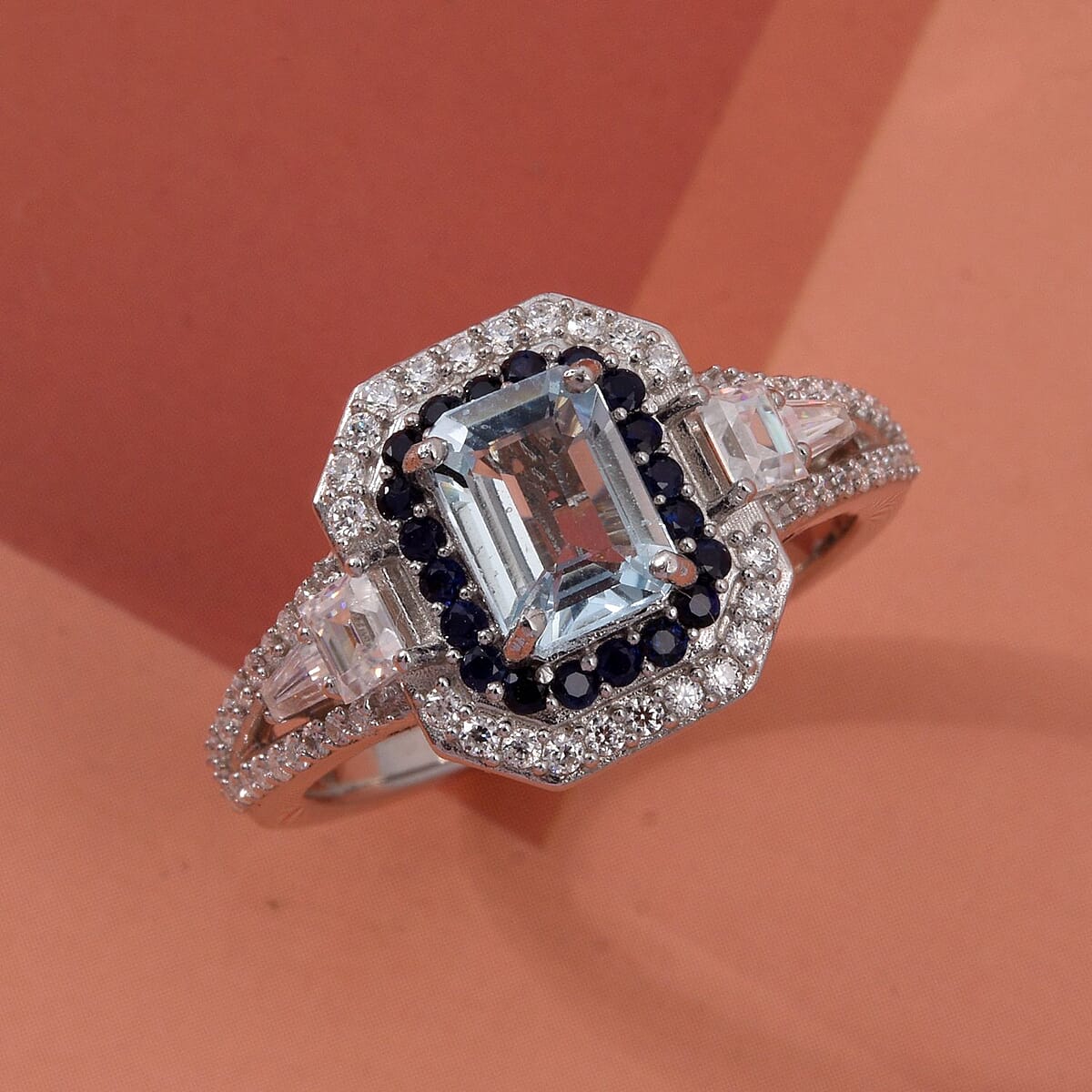 Doorbuster D'Joy Mangoro Aquamarine and Multi Gemstone 1.70 ctw Royal Heirloom Ring in Rhodium Over Sterling Silver (Size 6.0) image number 1