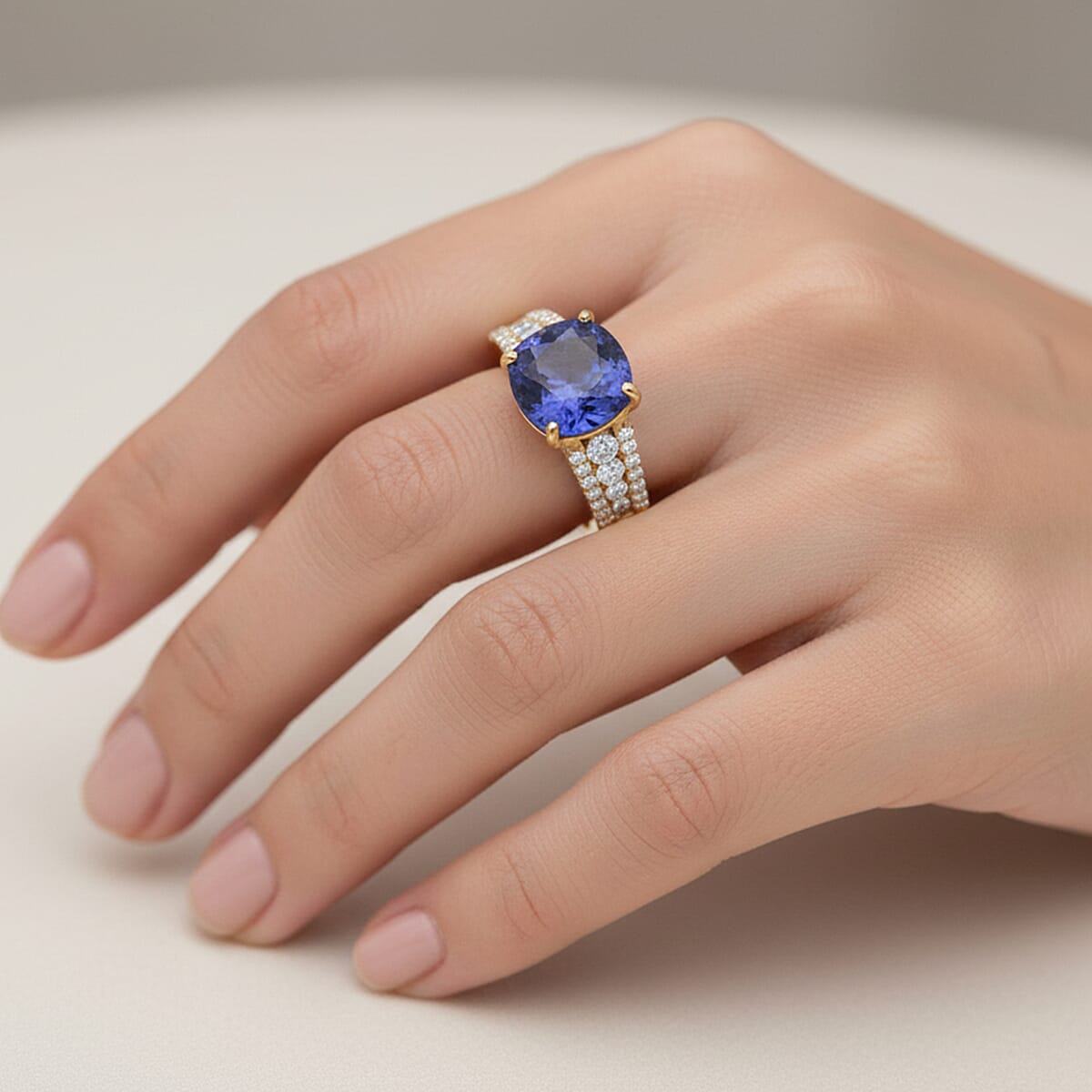 Doorbuster Premium Tanzanite amd Luxuriant Lab Grown Diamond G-H SI 2.35 ctw Royal Regency Ring in 10K Yellow Gold (Size 6.0) (Del. in 5-7 Days) image number 2