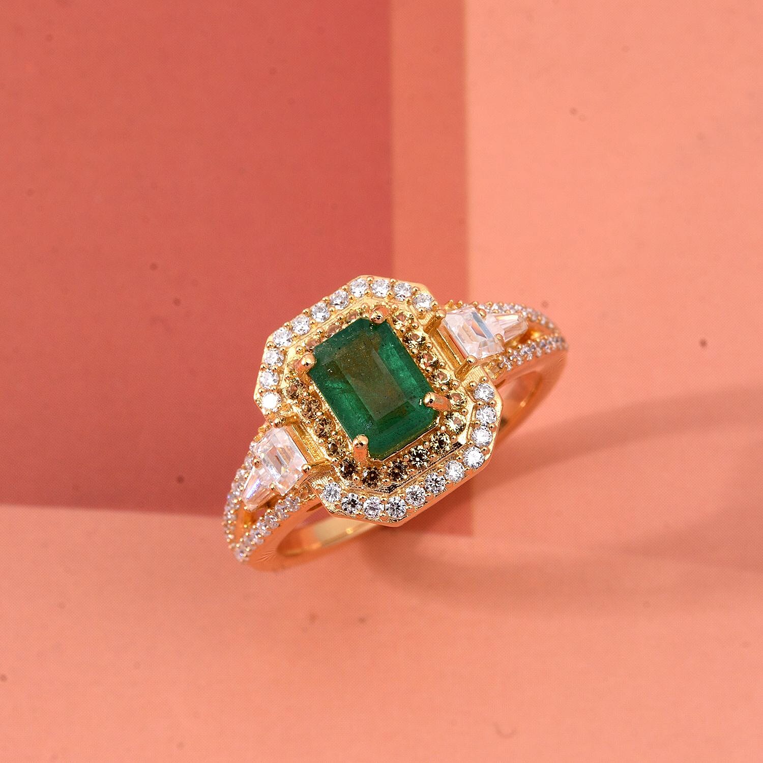 D'Joy Kagem Zambian Emerald, Multi Gemstone Ring in 18K Vermeil YG Over Sterling Silver 1.80 ctw (Size 10.0)