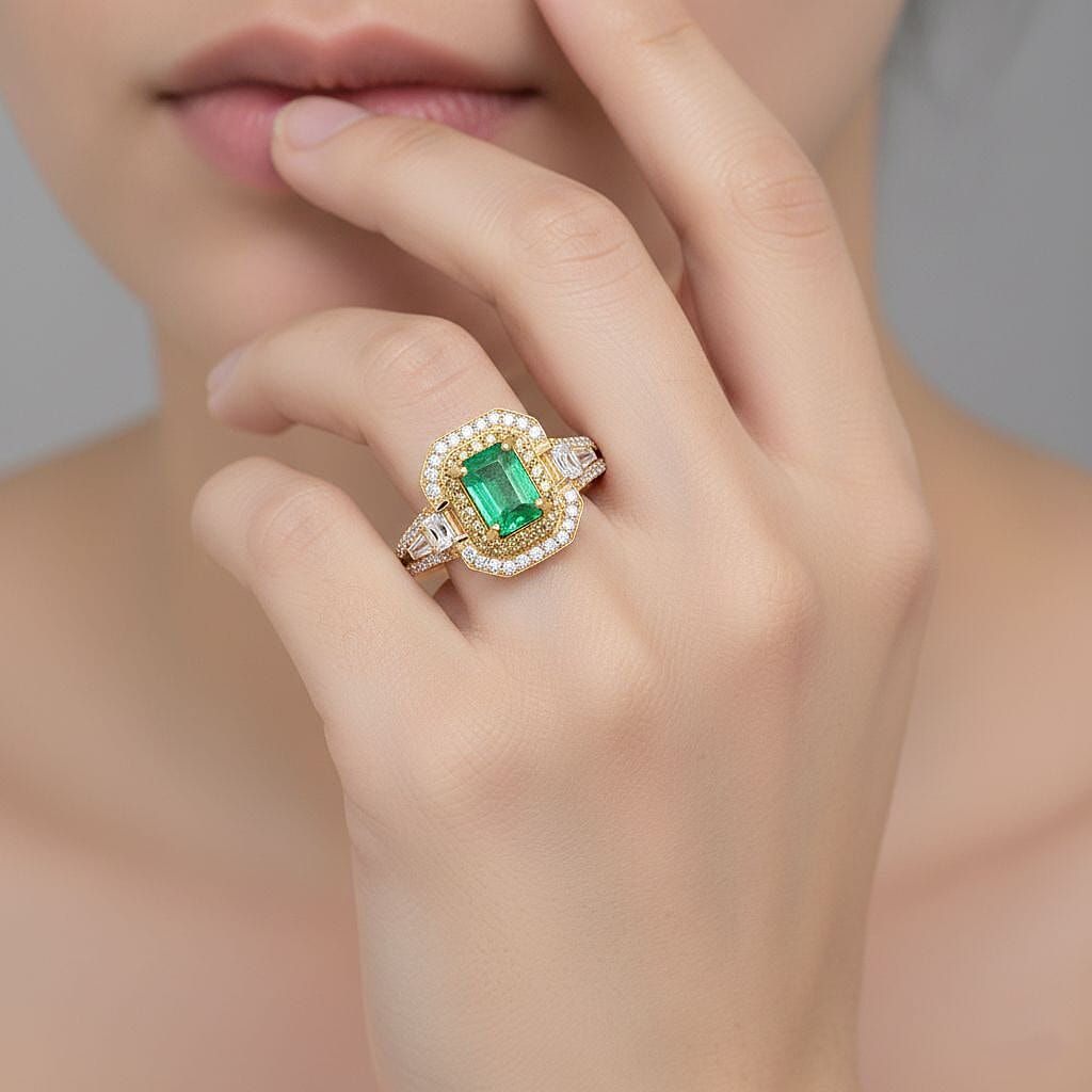 D'Joy Kagem Zambian Emerald, Multi Gemstone Ring in 18K Vermeil YG Over Sterling Silver 1.80 ctw (Size 10.0)
