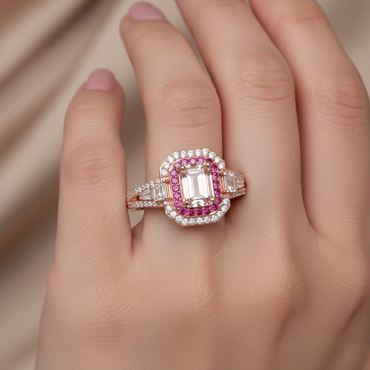 Doorbuster D'Joy Marropino Morganite and Multi Gemstone 1.70 ctw Royal Heirloom Ring in 18K Vermeil Rose Gold Over Sterling Silver (Size 10.0) image number 2