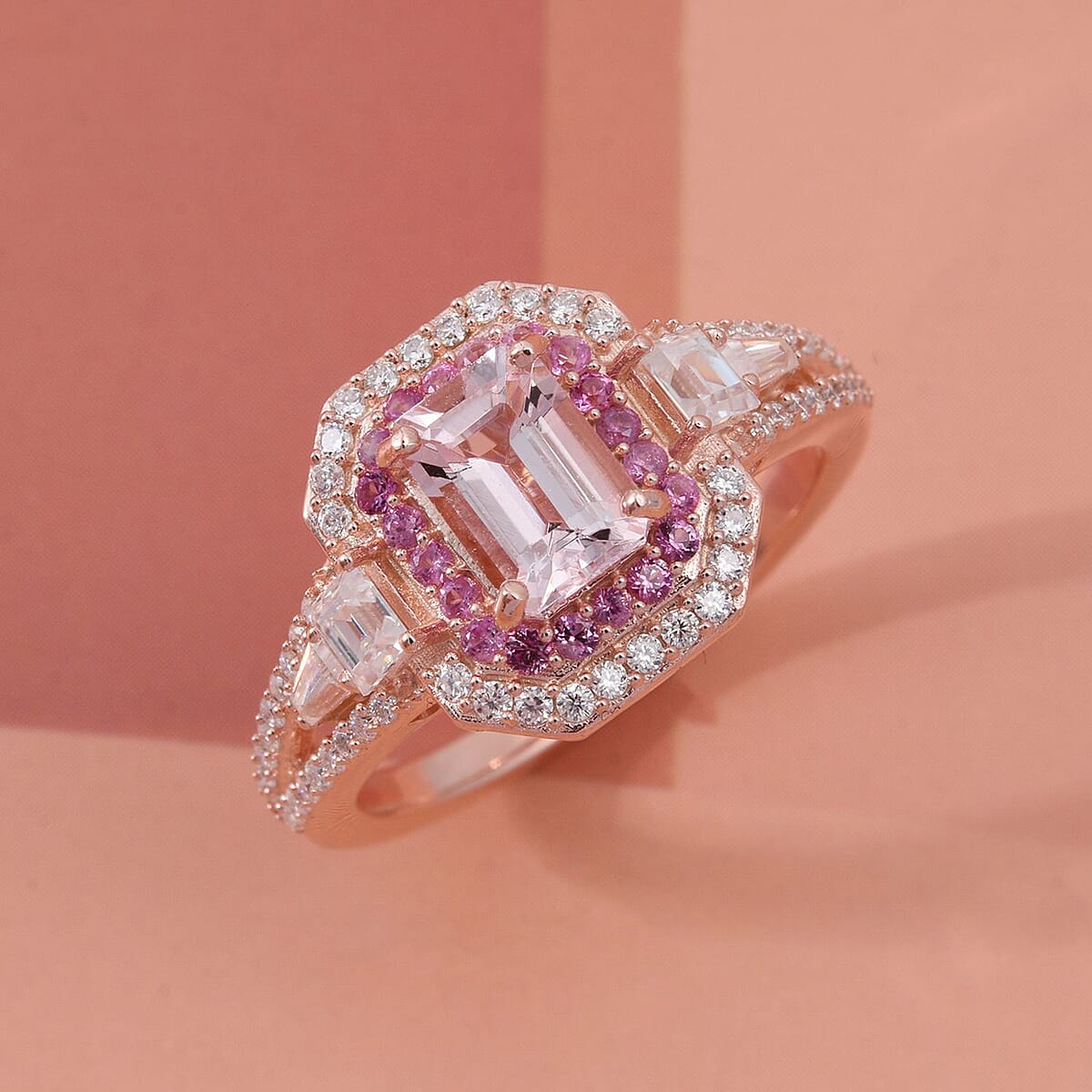 Doorbuster D'Joy Marropino Morganite and Multi Gemstone 1.70 ctw Royal Heirloom Ring in 18K Vermeil Rose Gold Over Sterling Silver (Size 7.0) image number 1