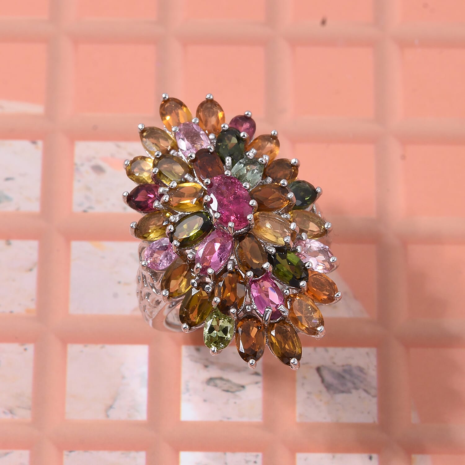 D'Joy Morro Redondo Pink Tourmaline, Multi-Tourmaline Ring in Rhodium Over Sterling Silver (Size 10.0) 7.70 ctw