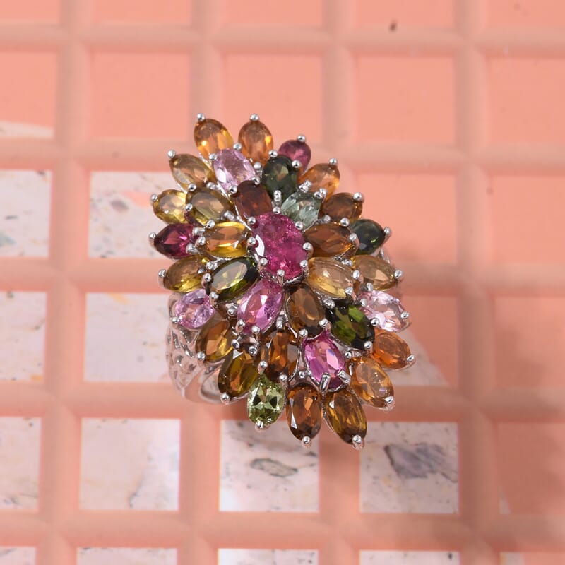 D'Joy Multi-Tourmaline Rainbows Promise Ring in Rhodium Over Sterling Silver 7.70 ctw (Size 7.0)