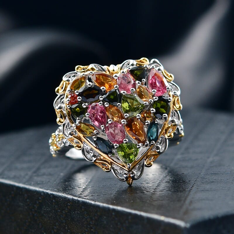 D'Joy Premium Multi-Tourmaline 2.80 ctw Blooming Garden Heart Ring in 18K Vermeil YG and Rhodium Over Sterling Silver (Size 10.0)