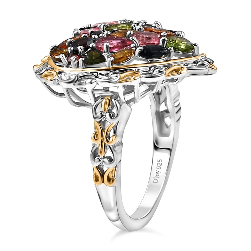D'Joy Premium Multi-Tourmaline 2.80 ctw Blooming Garden Heart Ring in 18K Vermeil YG and Rhodium Over Sterling Silver (Size 10.0)