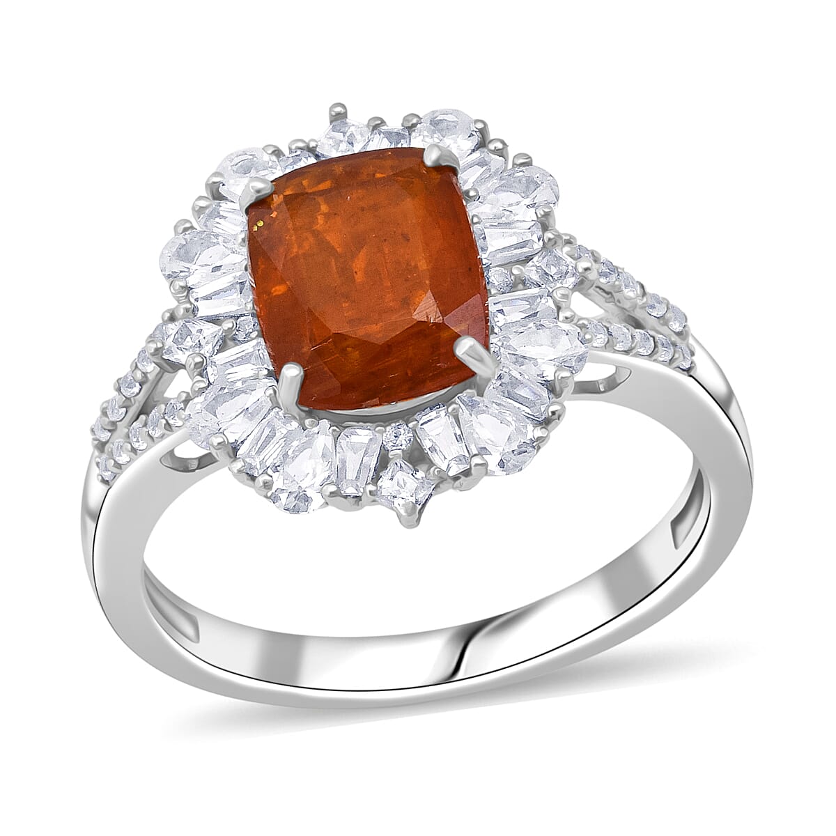 Doorbuster D'Joy Orange Kyanite and White Zircon 4.50 ctw Halo Crest Ring in Rhodium Over Sterling Silver (Size 8.0) image number 0