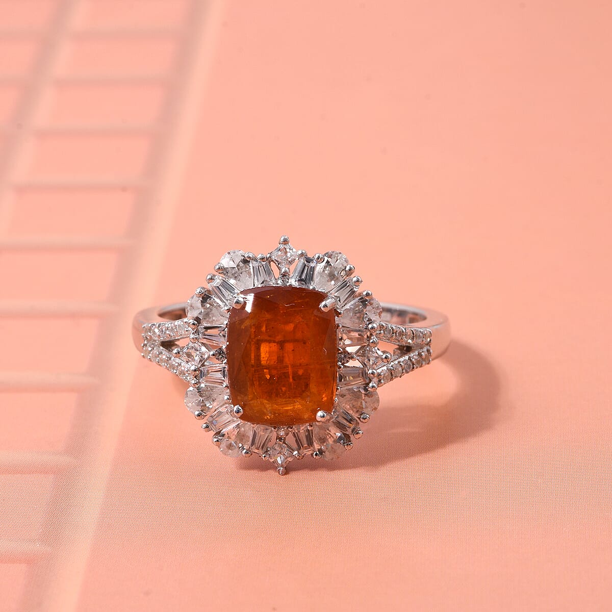 Doorbuster D'Joy Orange Kyanite and White Zircon 4.50 ctw Halo Crest Ring in Rhodium Over Sterling Silver (Size 8.0) image number 1