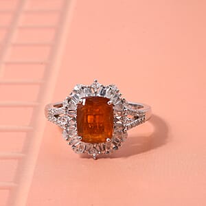 Doorbuster D'Joy Orange Kyanite and White Zircon 4.50 ctw Halo Crest Ring in Rhodium Over Sterling Silver (Size 8.0)