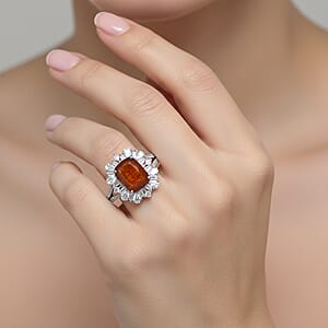 Doorbuster D'Joy Orange Kyanite and White Zircon 4.50 ctw Halo Crest Ring in Rhodium Over Sterling Silver (Size 8.0)