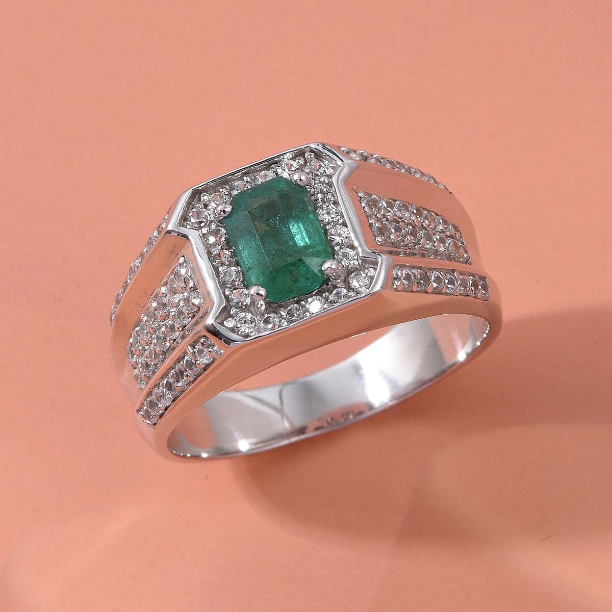 Doorbuster D'Joy Premium Kagem Zambian Emerald and White Zircon 2.00 ctw Regal Heritage Men's Ring in Rhodium Over Sterling Silver (Size 10.0) image number 1