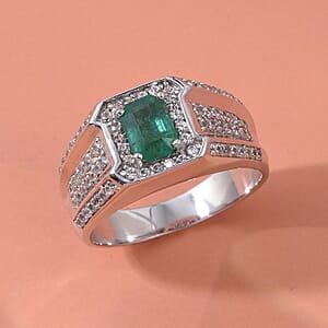 Doorbuster D'Joy Premium Kagem Zambian Emerald and White Zircon 2.00 ctw Regal Heritage Men's Ring in Rhodium Over Sterling Silver (Size 10.0)