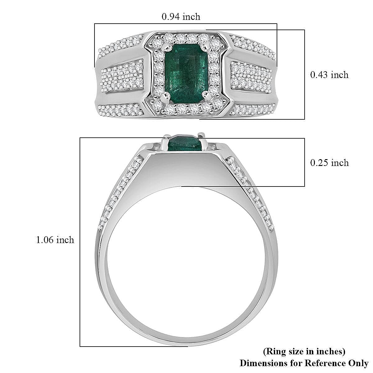 D'Joy Premium Kagem Zambian Emerald and White Zircon 2.00 ctw Regal Heritage Men's Ring in Rhodium Over Sterling Silver (Size 10.0)