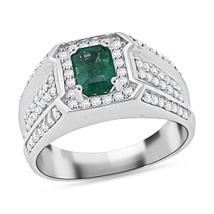 D'Joy Kagem Zambian Emerald, White Zircon Men's Ring in Rhodium Over Sterling Silver 2.00 ctw (Size 11.0)