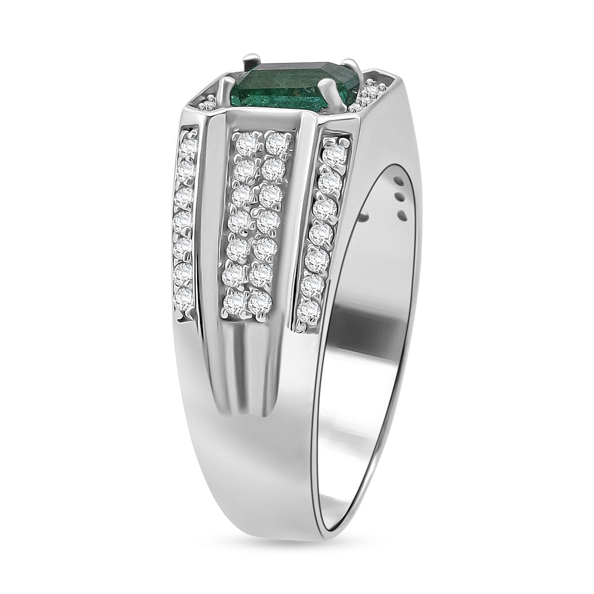 D'Joy Kagem Zambian Emerald, White Zircon Men's Ring in Rhodium Over Sterling Silver 2.00 ctw (Size 12.0) image number 3