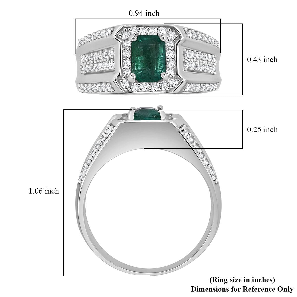 D'Joy Kagem Zambian Emerald, White Zircon Men's Ring in Rhodium Over Sterling Silver 2.00 ctw (Size 12.0)