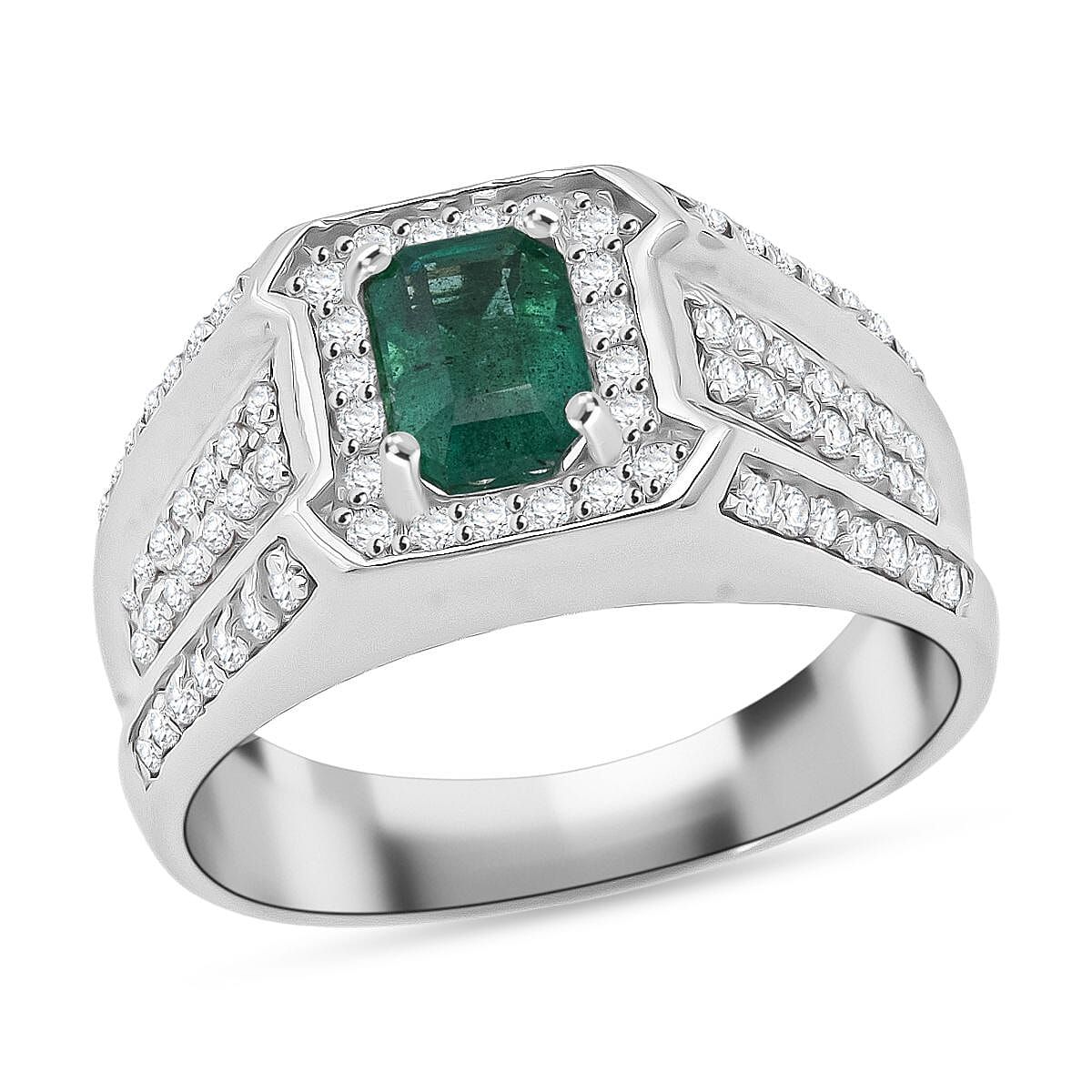 D'Joy Kagem Zambian Emerald, White Zircon Men's Ring in Rhodium Over Sterling Silver 2.00 ctw (Size 9.0) image number 0