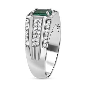 D'Joy Kagem Zambian Emerald, White Zircon Men's Ring in Rhodium Over Sterling Silver 2.00 ctw (Size 9.0)