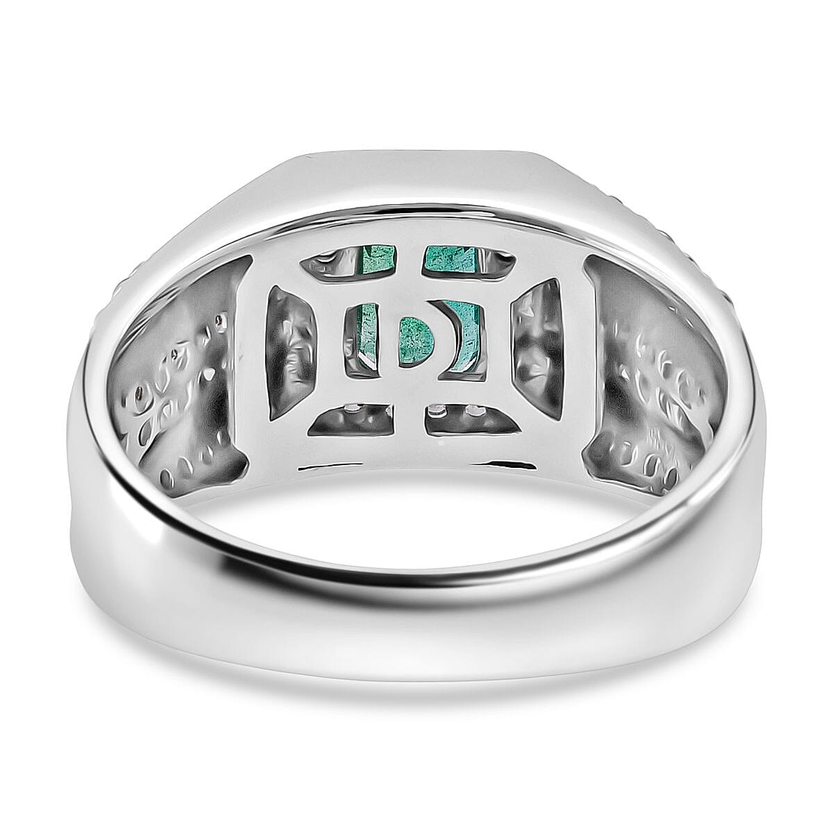 D'Joy Kagem Zambian Emerald, White Zircon Men's Ring in Rhodium Over Sterling Silver 2.00 ctw (Size 9.0) image number 4