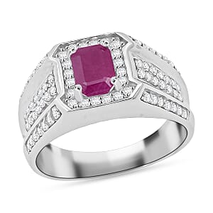 Doorbuster D'Joy Premium Royal Ruby and White Zircon 2.20 ctw Regal Heritage Men's Ring in Rhodium Over Sterling Silver (Size 10.0)