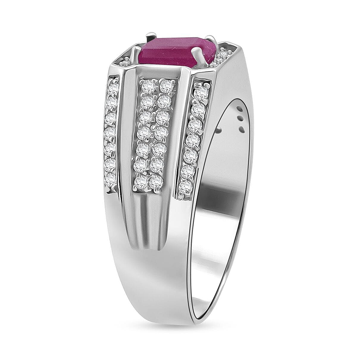 D'Joy Royal Ruby, White Zircon Heritage Men's Ring in Rhodium Over Sterling Silver 2.20 ctw (Size 10.0)