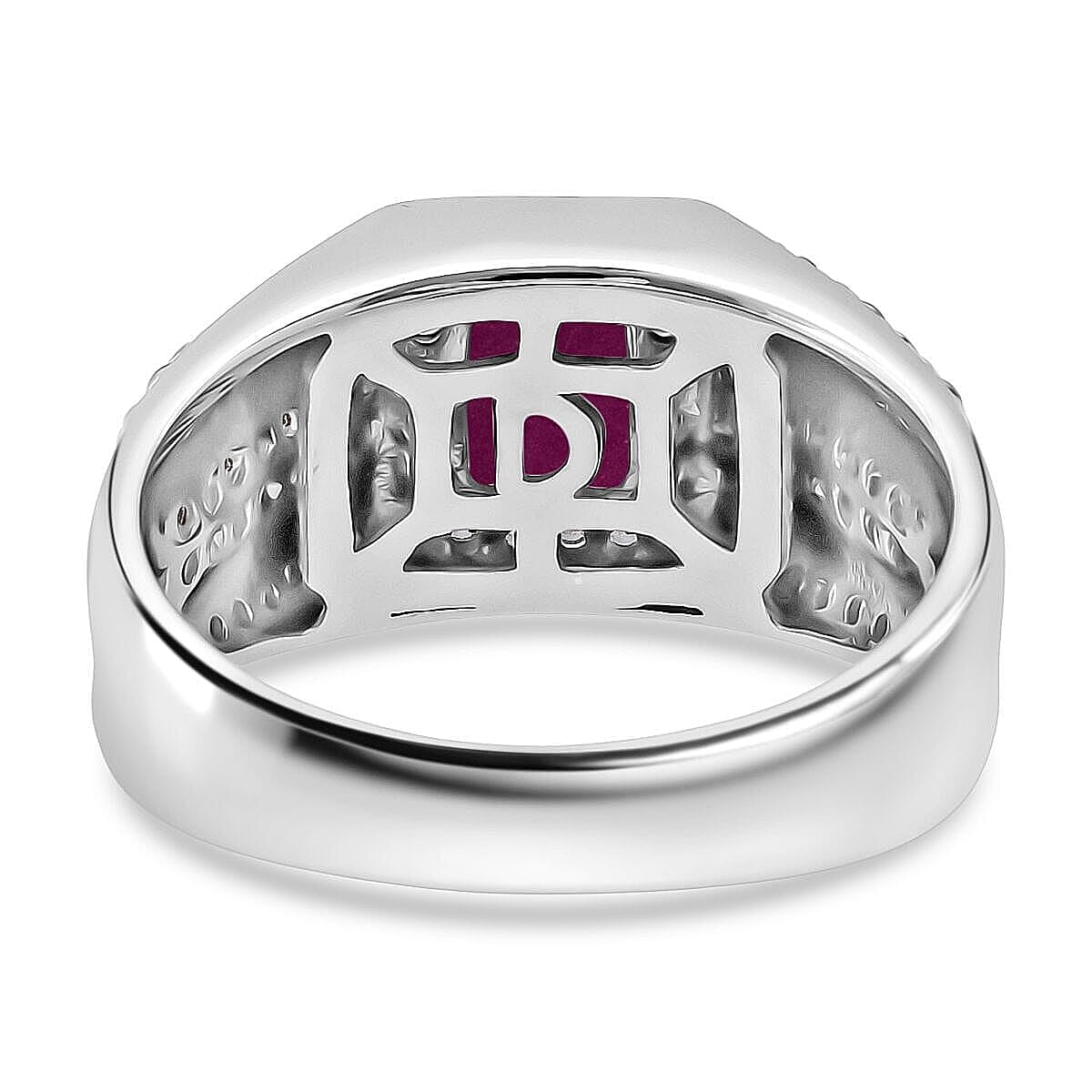 D'Joy Royal Ruby, White Zircon Heritage Men's Ring in Rhodium Over Sterling Silver 2.20 ctw (Size 10.0)