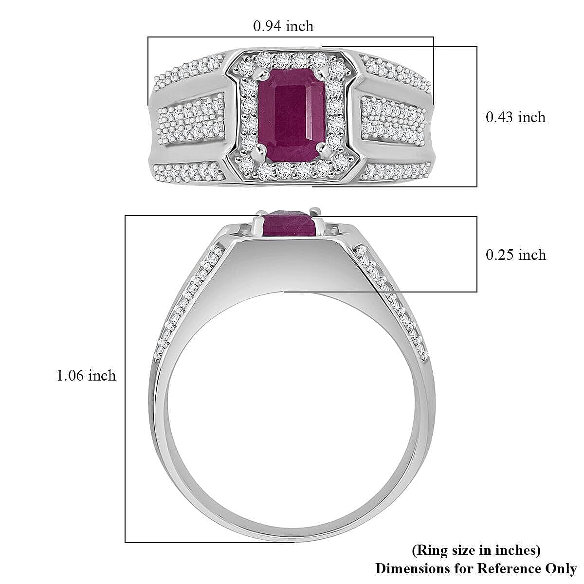 D'Joy Royal Ruby, White Zircon Heritage Men's Ring in Rhodium Over Sterling Silver 2.20 ctw (Size 10.0)
