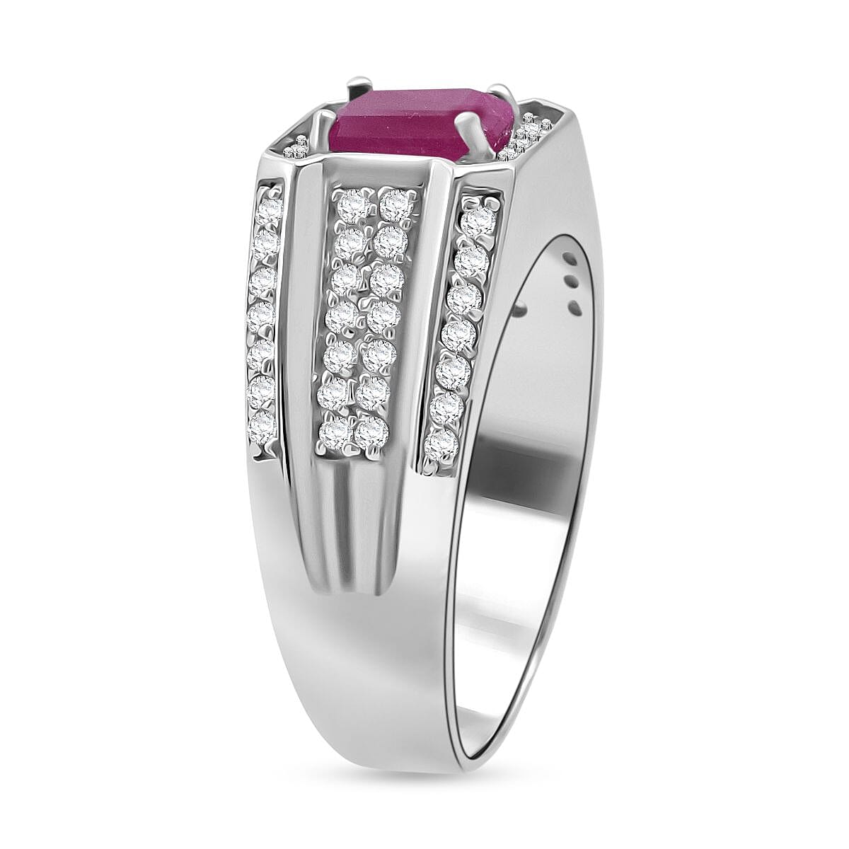 D'Joy Royal Ruby, White Zircon Heritage Men's Ring in Rhodium Over Sterling Silver 2.20 ctw (Size 11.0) image number 3