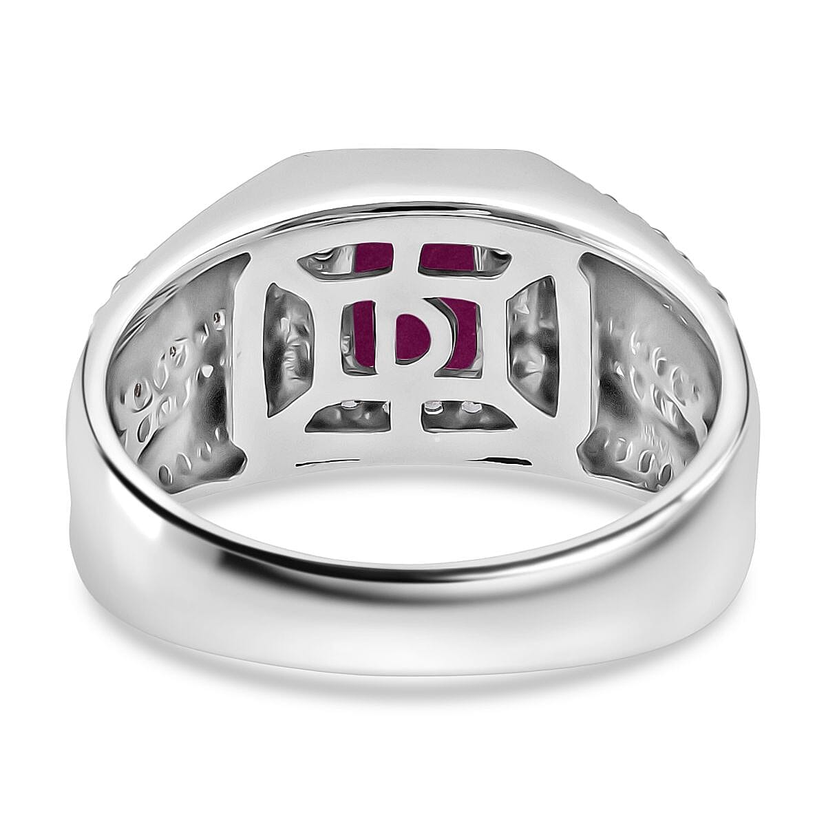 D'Joy Royal Ruby, White Zircon Heritage Men's Ring in Rhodium Over Sterling Silver 2.20 ctw (Size 13.0) image number 4