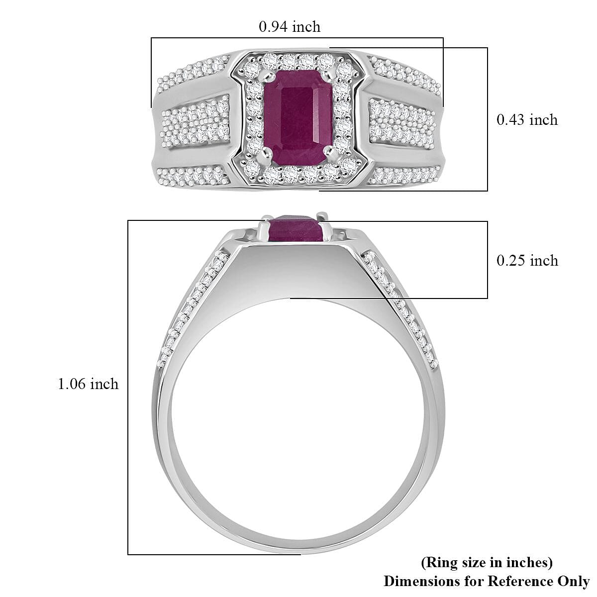 D'Joy Royal Ruby, White Zircon Heritage Men's Ring in Rhodium Over Sterling Silver 2.20 ctw (Size 13.0) image number 5