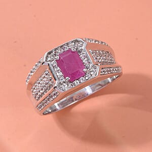 D'Joy Royal Ruby, White Zircon Heritage Men's Ring in Rhodium Over Sterling Silver 2.20 ctw (Size 14.0)