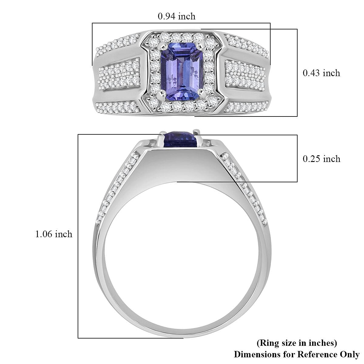D'Joy Tanzanite, White Zircon Men's Ring in Rhodium Over Sterling Silver 2.10 ctw (Size 11.0) image number 5