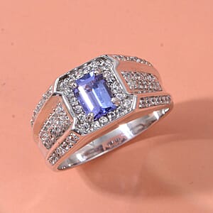 D'Joy Tanzanite, White Zircon Men's Ring in Rhodium Over Sterling Silver 2.10 ctw (Size 12.0)