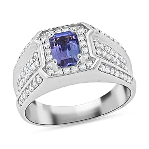 D'Joy Tanzanite, White Zircon Men's Ring in Rhodium Over Sterling Silver 2.10 ctw (Size 14.0)