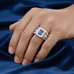 D'Joy Tanzanite, White Zircon Men's Ring in Rhodium Over Sterling Silver 2.10 ctw (Size 14.0)