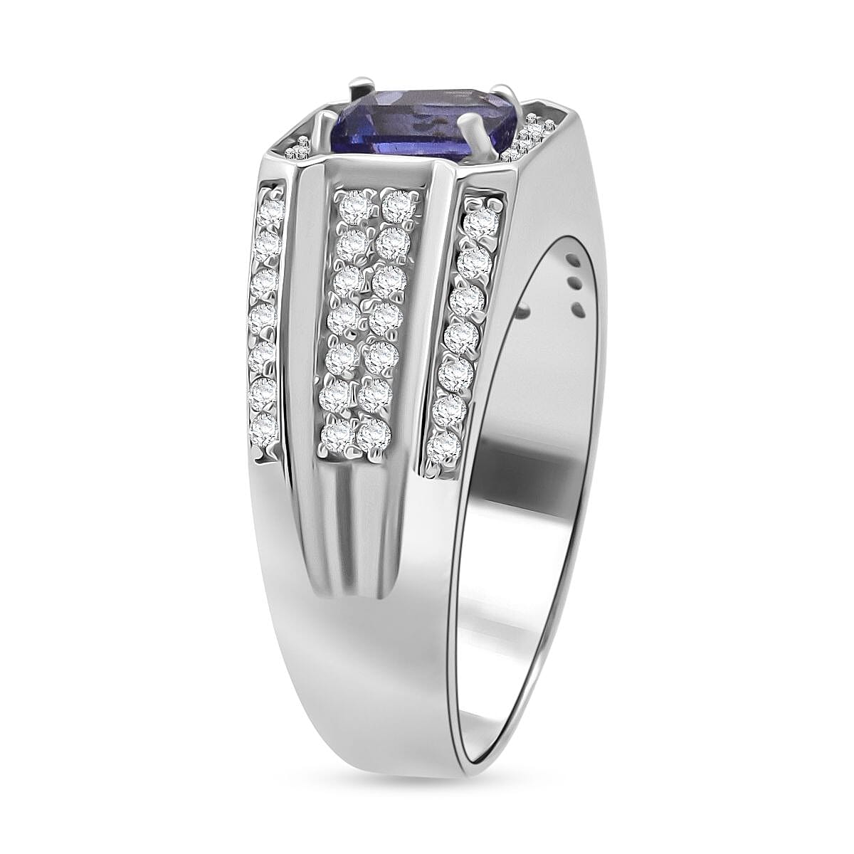 D'Joy Tanzanite, White Zircon Men's Ring in Rhodium Over Sterling Silver 2.10 ctw (Size 14.0) image number 3
