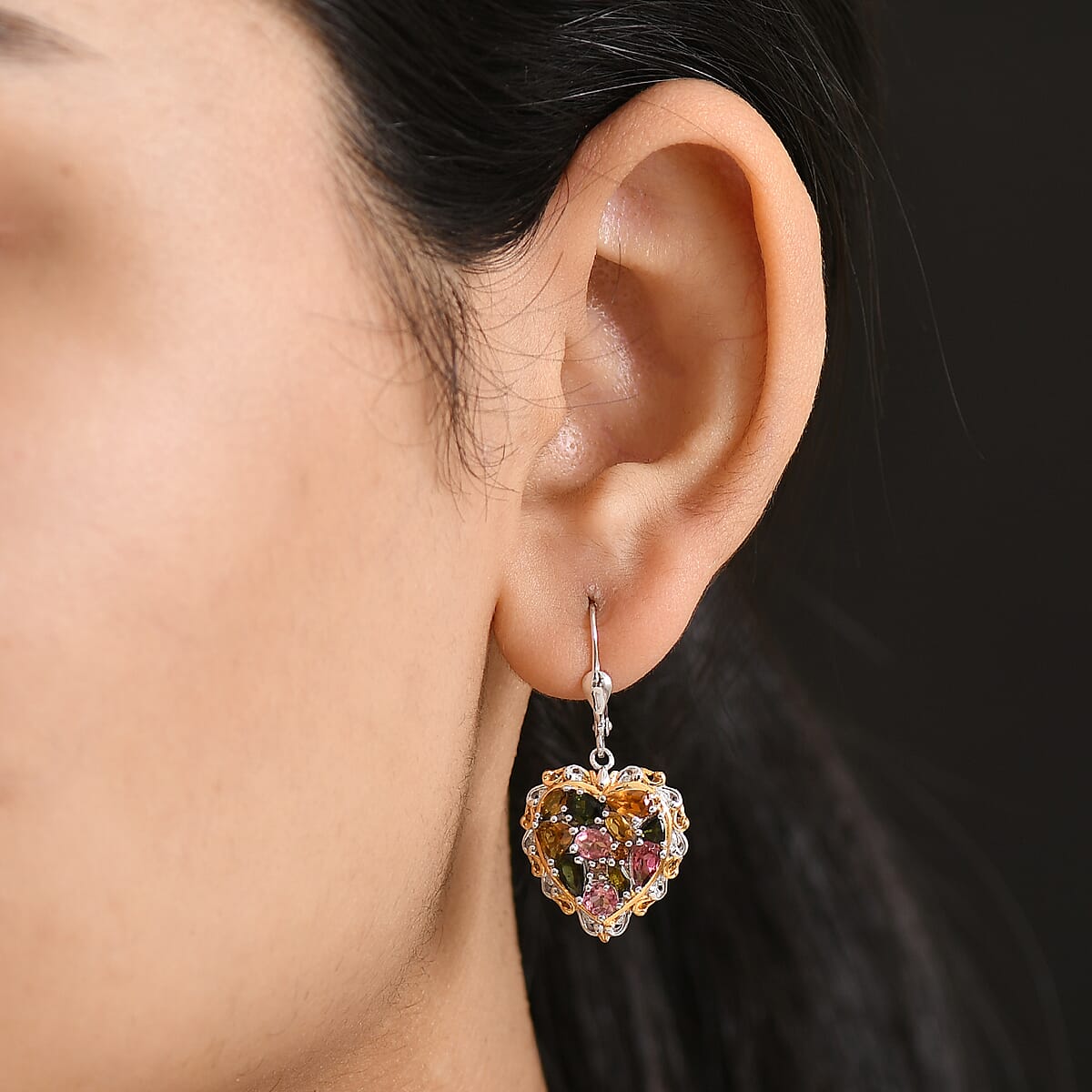D'Joy Premium Multi-Tourmaline 3.50 ctw Earrings in 18K Vermeil YG and Rhodium Over Sterling Silver image number 2