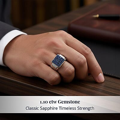D'Joy Ceylon Blue Sapphire Men's Ring in Rhodium Over Sterling 1.10 ctw (Size 13.0)