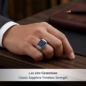 D'Joy Ceylon Blue Sapphire Men's Ring in Rhodium Over Sterling 1.10 ctw (Size 14.0) (Del. in 8-10 Days)