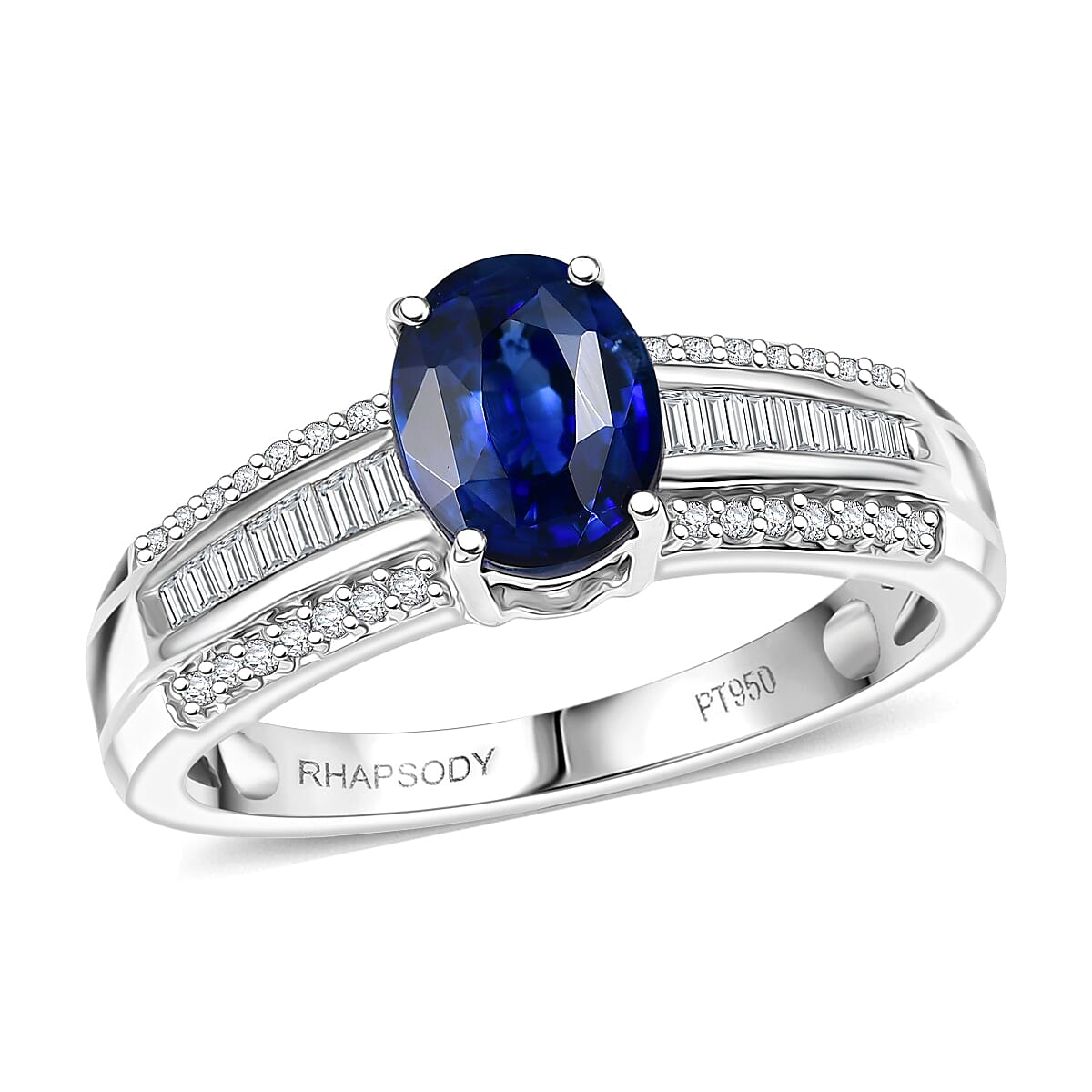 Rhapsody 950 Platinum AAAA Ceylon Blue Sapphire, Diamond (E-F, VS) (0.28 cts) Crown Line Ring (Size 6.0) (6.25 g) 1.60 ctw image number 0