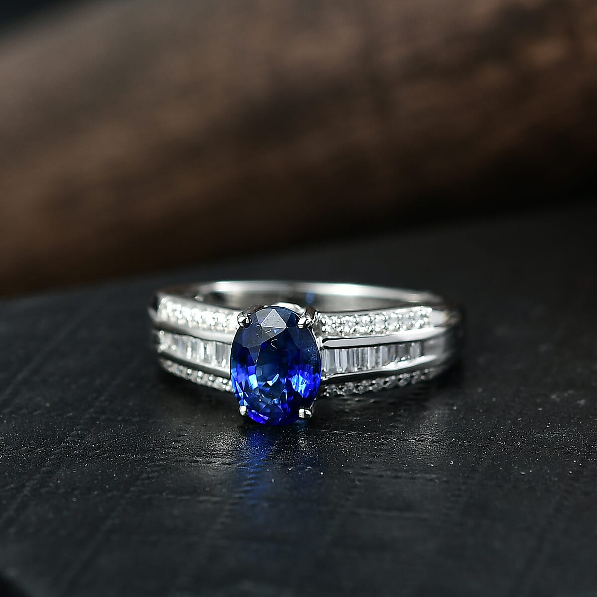 Rhapsody 950 Platinum AAAA Ceylon Blue Sapphire, Diamond (E-F, VS) (0.28 cts) Crown Line Ring (Size 6.0) (6.25 g) 1.60 ctw image number 1