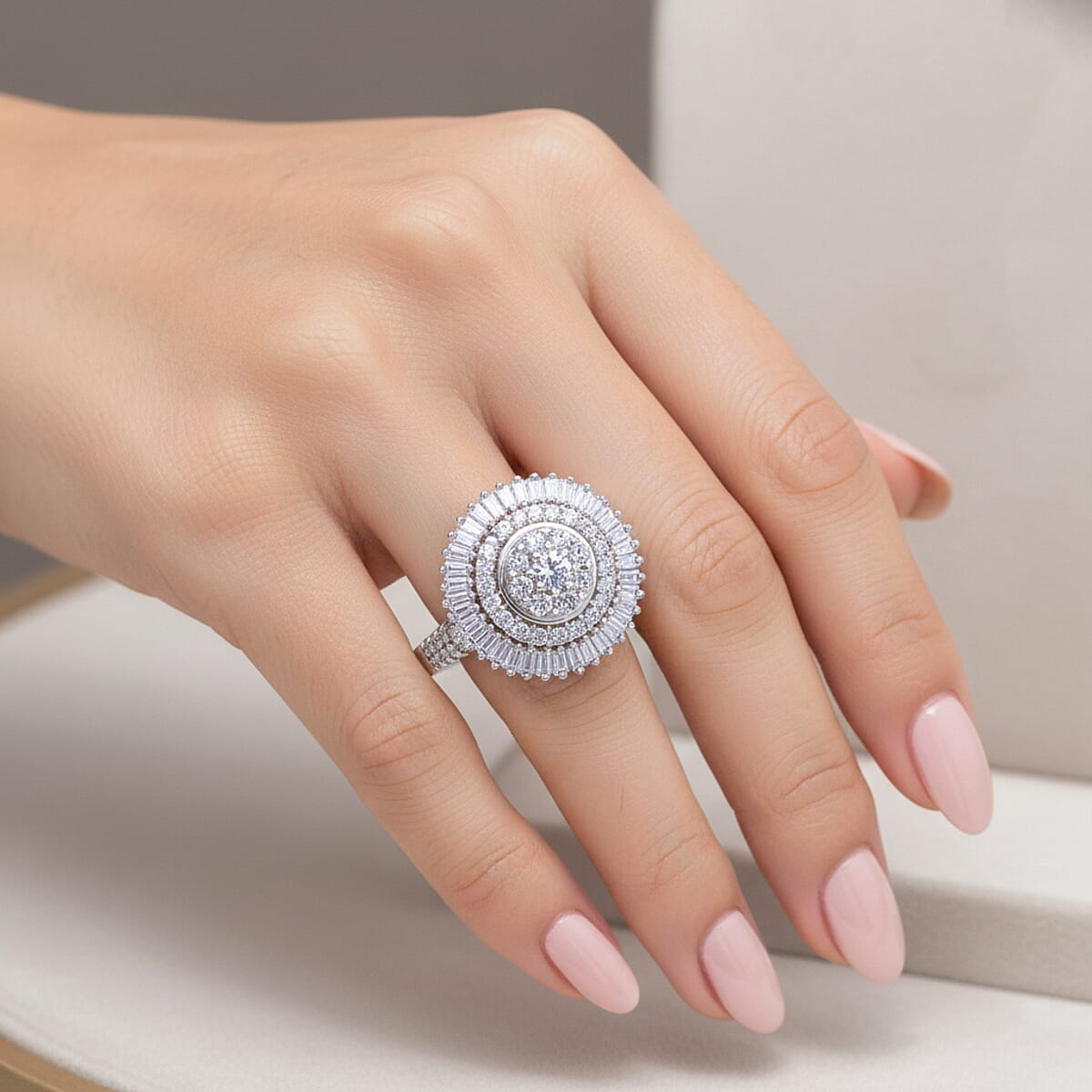 Luxuriant Lab Grown Diamond G-H SI 1.00 ctw Sunburst Halo Ring in Rhodium Over Sterling Silver (Size 7.0) image number 2