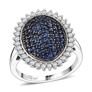 D'Joy Premium Ceylon Blue Sapphire and Moissanite 1.50 ctw Blue Majesty Oval Ring in Rhodium Over Sterling Silver (Size 10.0) (Del. in 8-10 Days)