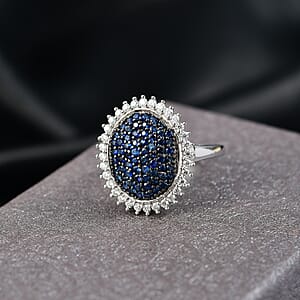 D'Joy Ceylon Blue Sapphire, Moissanite Ring in Rhodium Over Sterling Silver 1.85 ctw (Size 10.0)