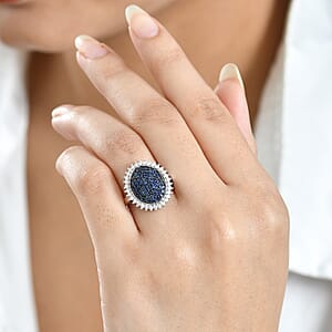 D'Joy Ceylon Blue Sapphire, Moissanite Ring in Rhodium Over Sterling Silver 1.85 ctw (Size 10.0)