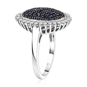 D'Joy Ceylon Blue Sapphire, Moissanite Ring in Rhodium Over Sterling Silver 1.85 ctw (Size 10.0)